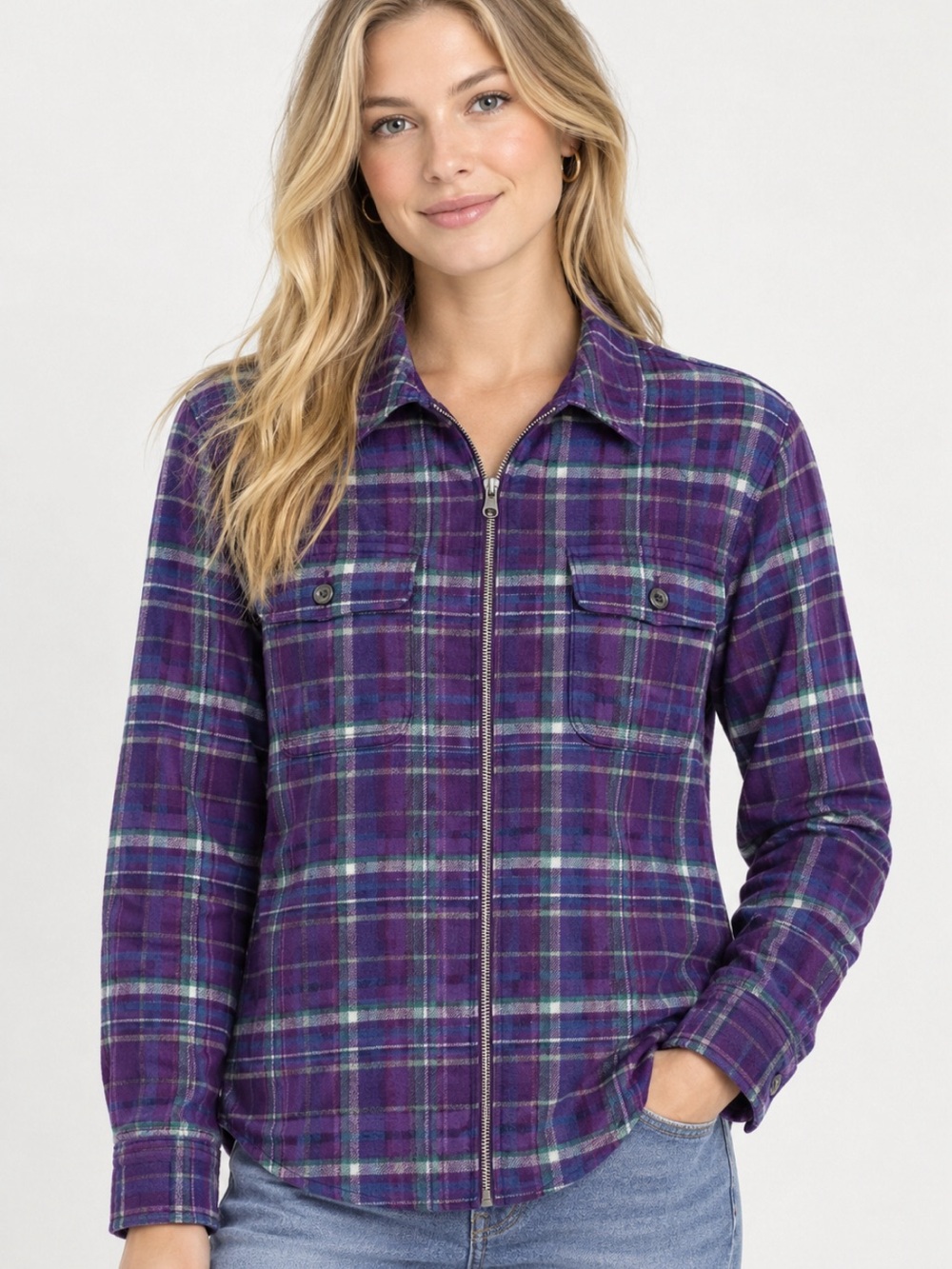 Chaps Denim Zip Front Plaid Shirt Medium CabinCore Luxury Cottagecore